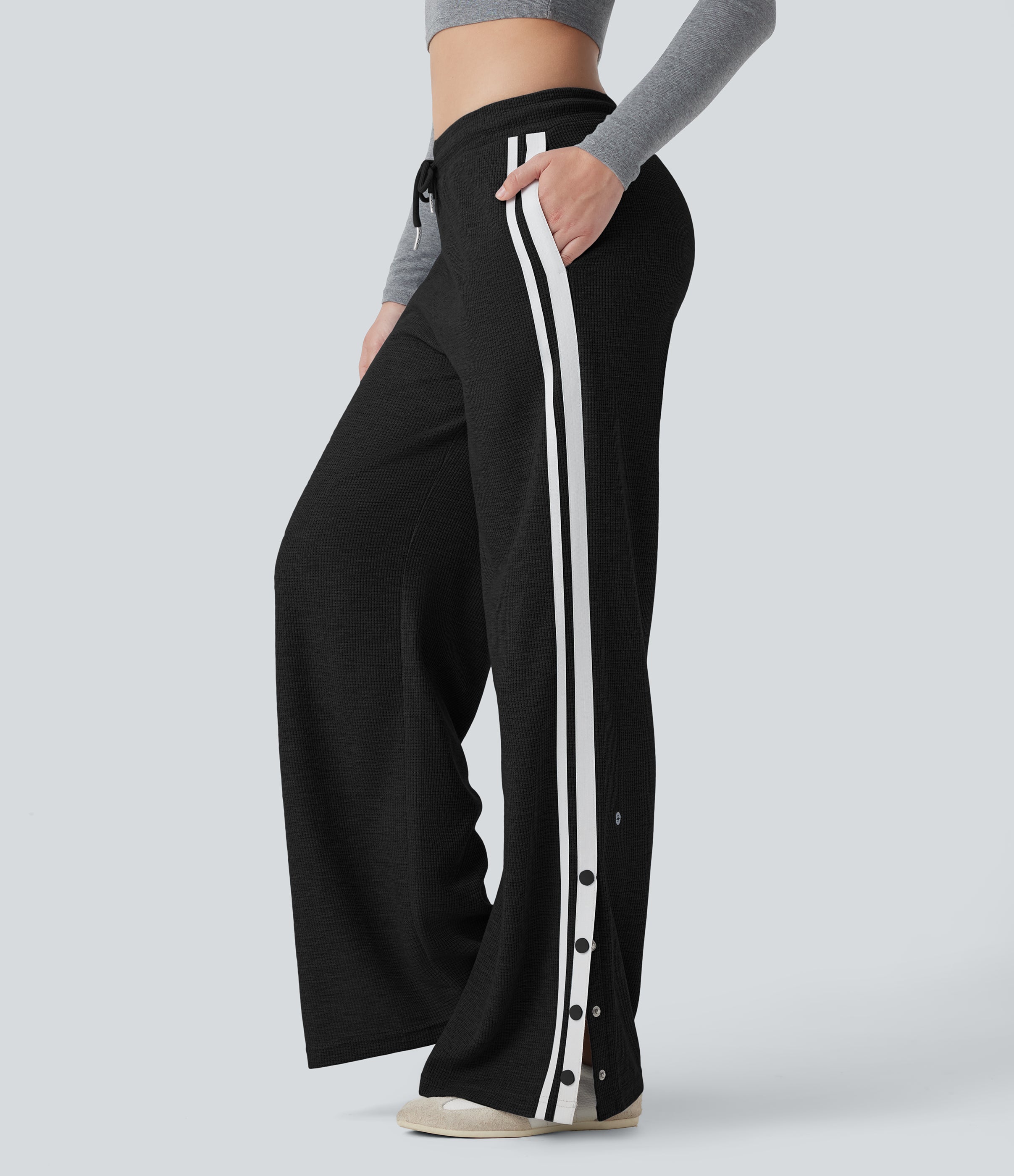 Low Rise Drawstring Color Block Snap Waffle Casual Wide Leg Pants with Pockets