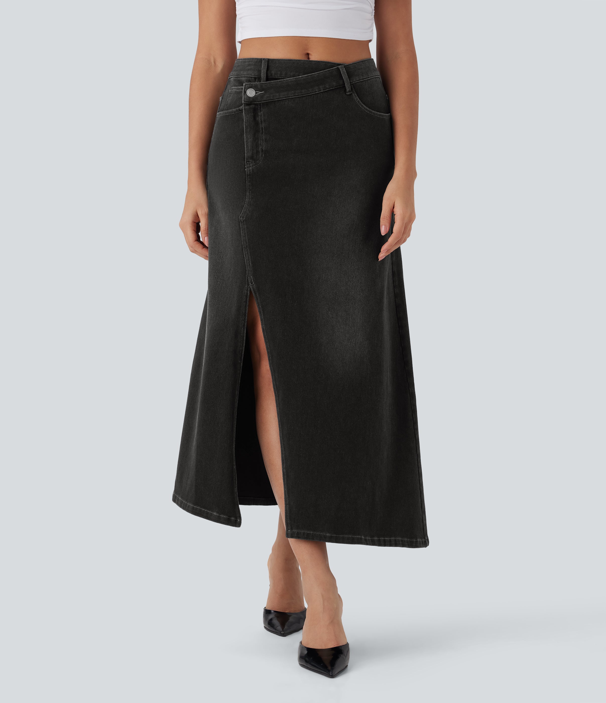 FlexTM Asymmetric Mid Rise Denim Maxi Casual Skirt with Pockets