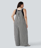 Plus Size Stripe Waffle Overalls with Pockets