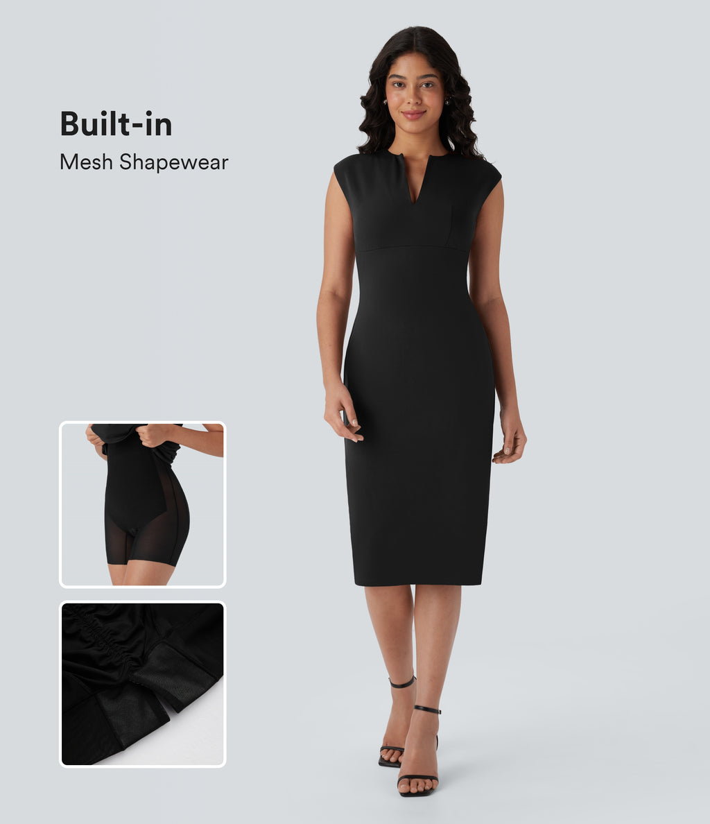 V-neck Zipper Bodycon Midi Work Built-in Mesh Shapewear Dress