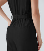 Half Zipper Cap Sleeve Straight Leg Belted Work Linen-Feel Jumpsuit with Pockets