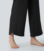 High Waisted Drawstring Curved Hem Straight Leg Yoga Pants with Pockets