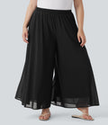 Plus Size High Waisted Mesh Overlay Wide Leg Casual Pants with Pockets