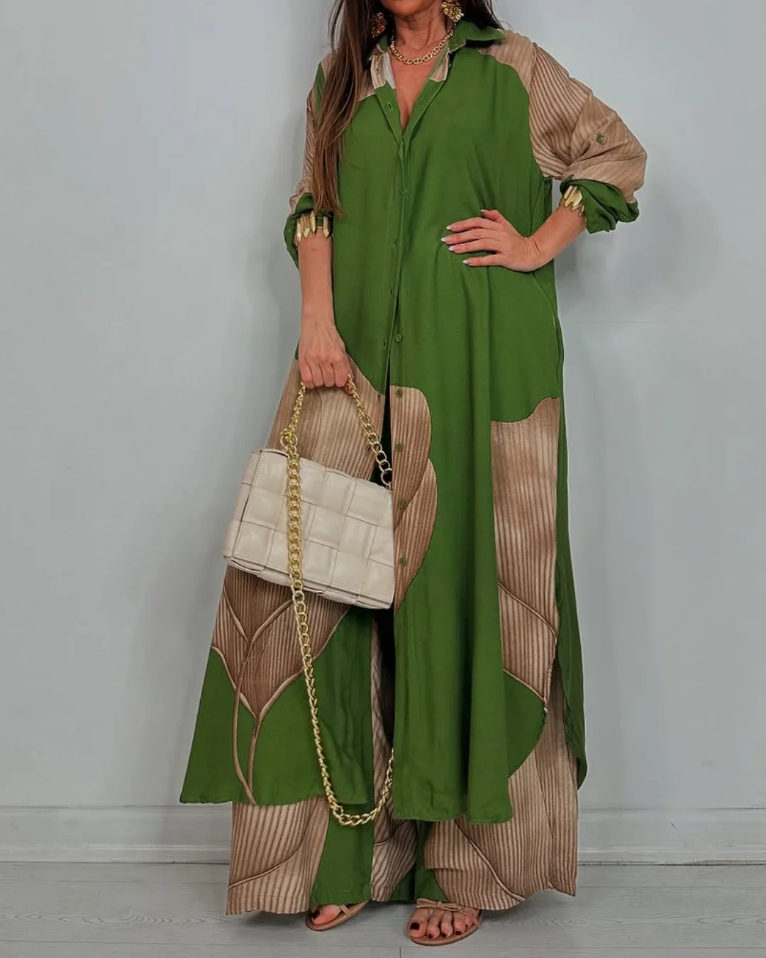 Women's V-neck Patchwork Printed Top and Pants Commuting Casual Suit