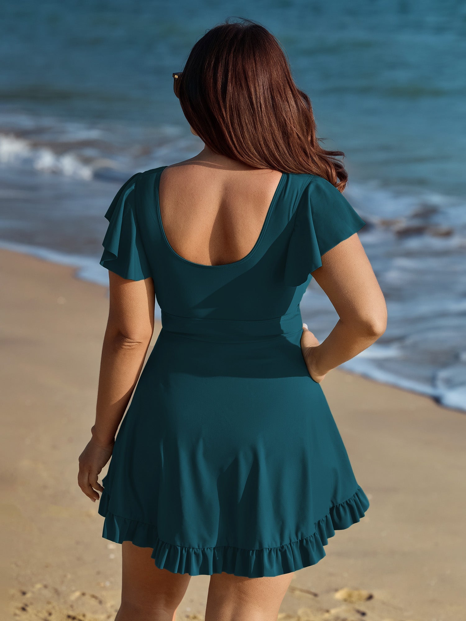 Ruffled Sleeve Curvy Hem Swim Dress