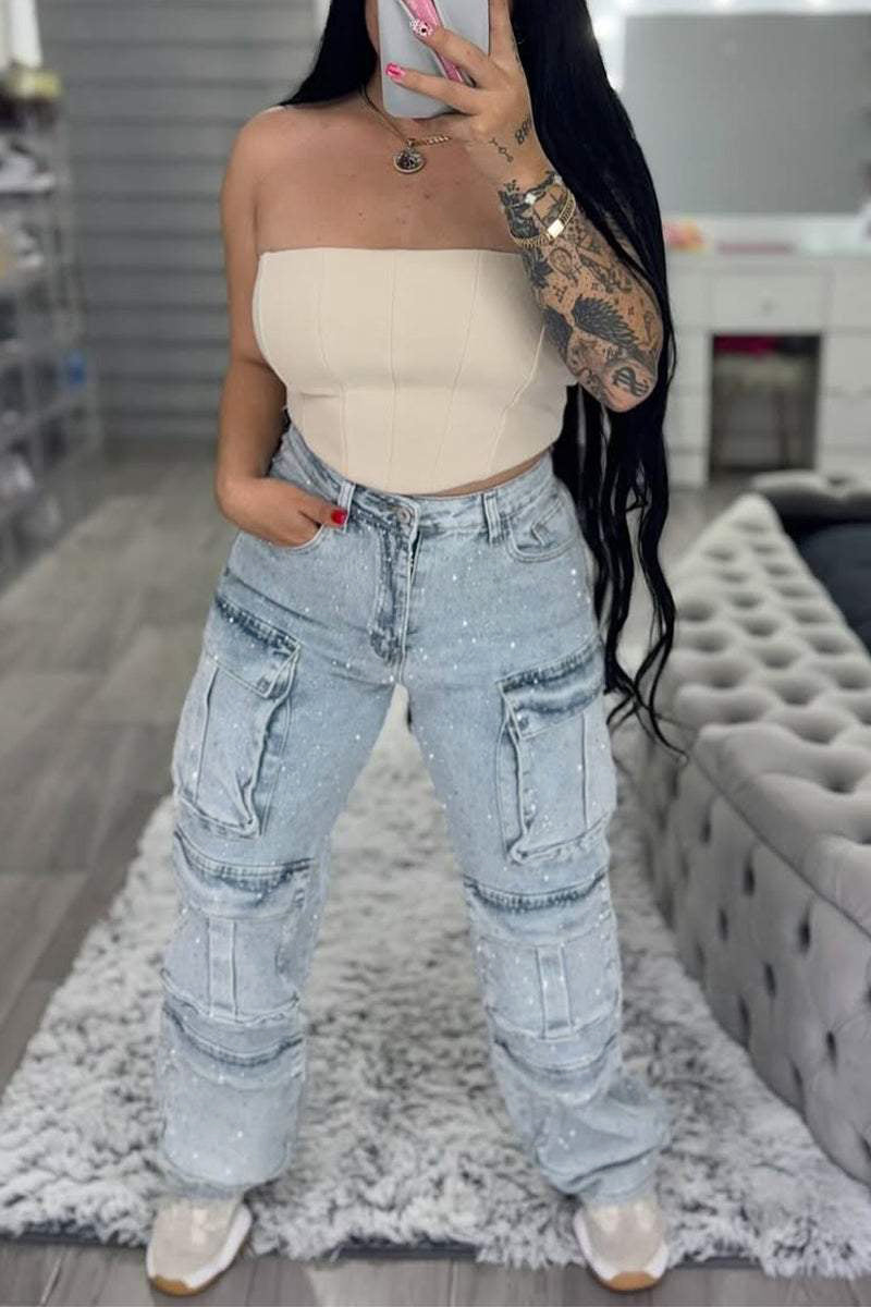 Women's Multi-pocket Rhinestone Casual Jeans --(SIZE:UK8-22,EU36-50)
