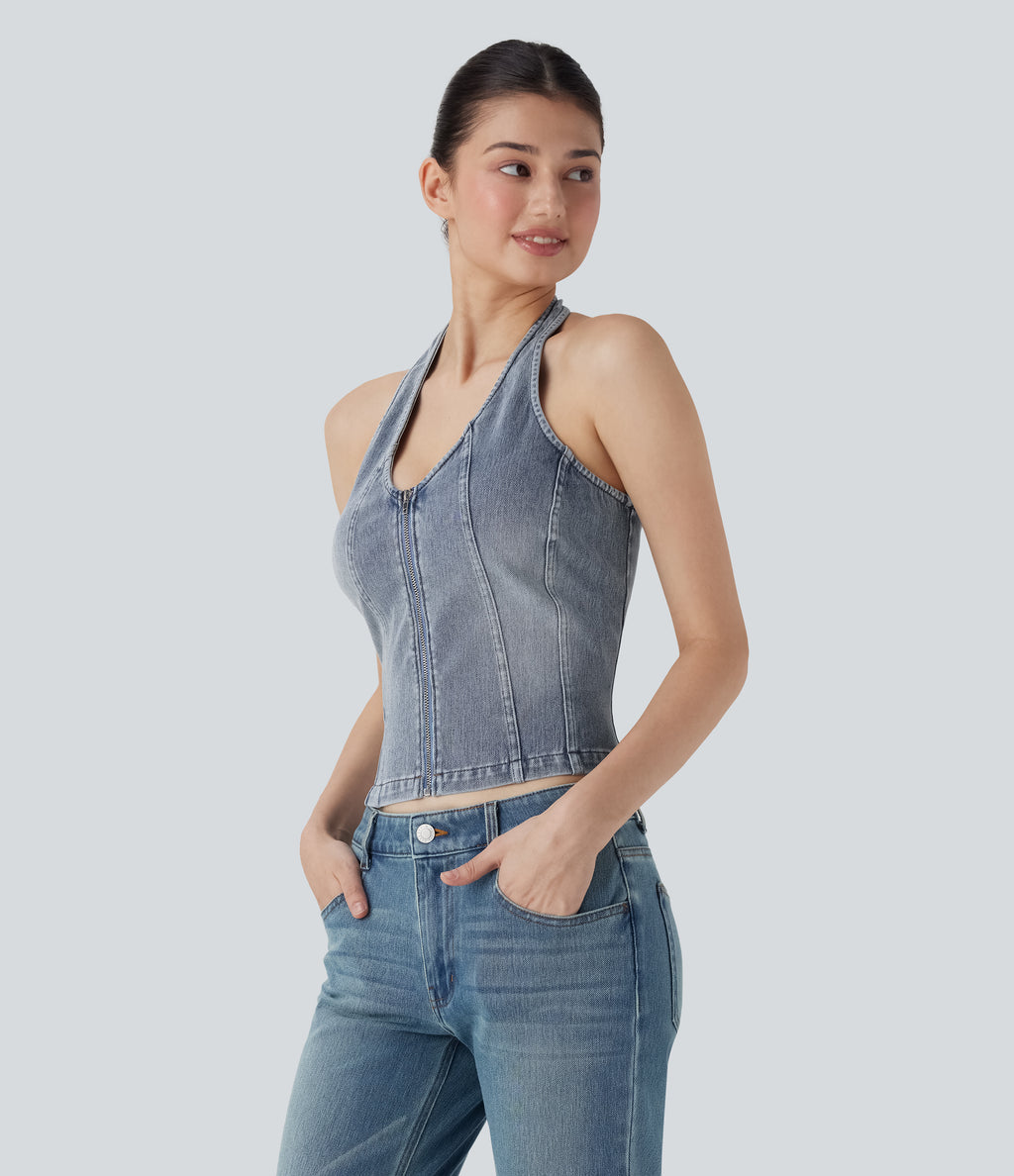 FlexTM Halter Zipper Washed Denim Casual Tank Top