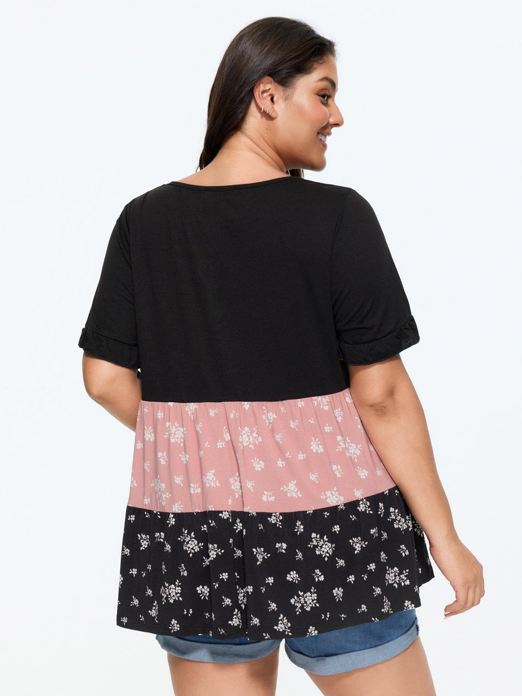 Color Contrast Floral Print Tiered Top