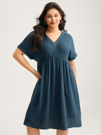 Pure Cotton Lace V-Neck Solid Mini Dress