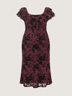 Floral Flocked Mesh Ruched Drawstring Midi Dress