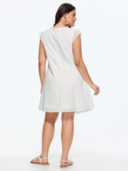 Cotton Eyelet Trim Neck-Tie Pleated Mini Dress
