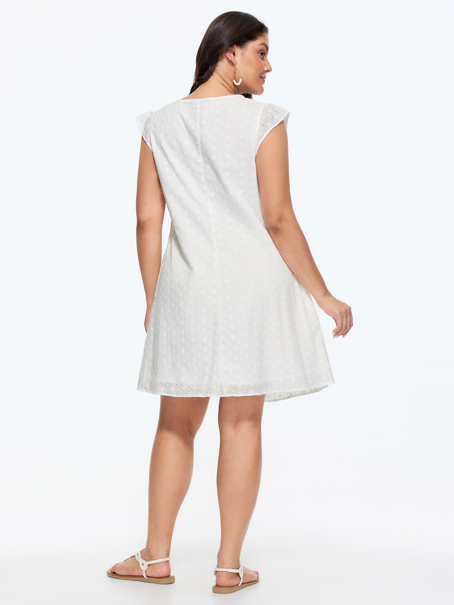 Cotton Eyelet Trim Neck-Tie Pleated Mini Dress