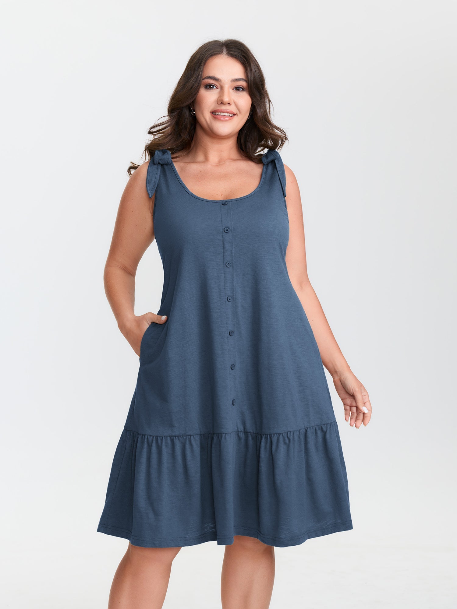 Ruffle Hem Tie Shoulder Pockets Sleeveless Dress
