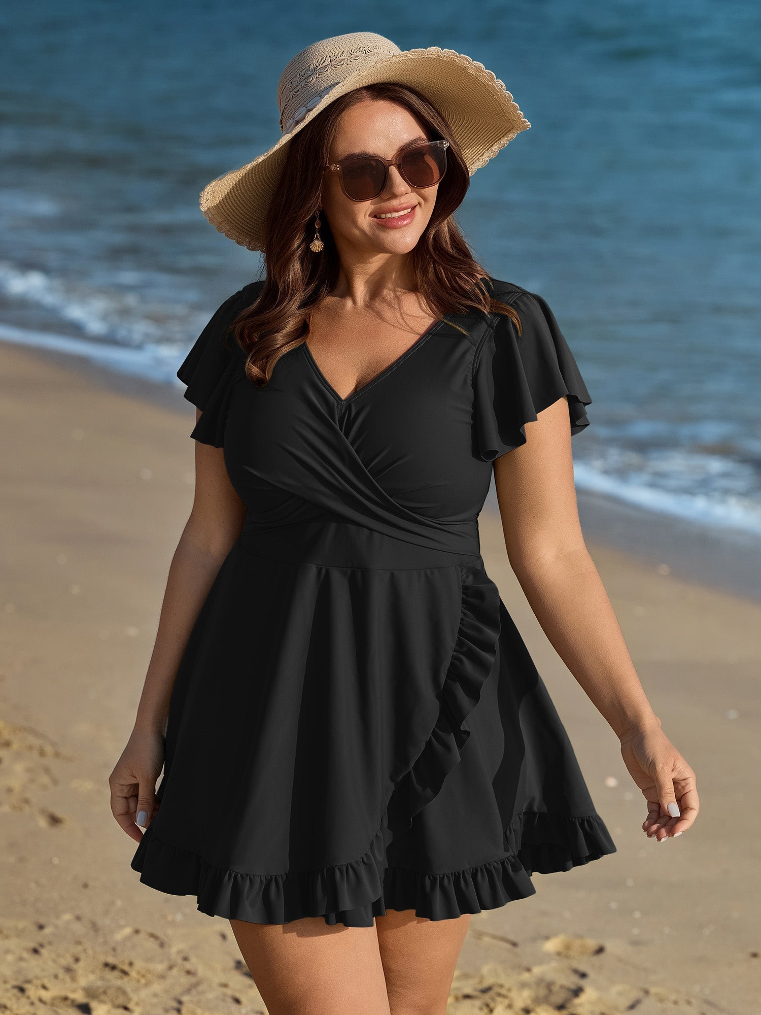 Ruffled Sleeve Curvy Hem Swim Dress