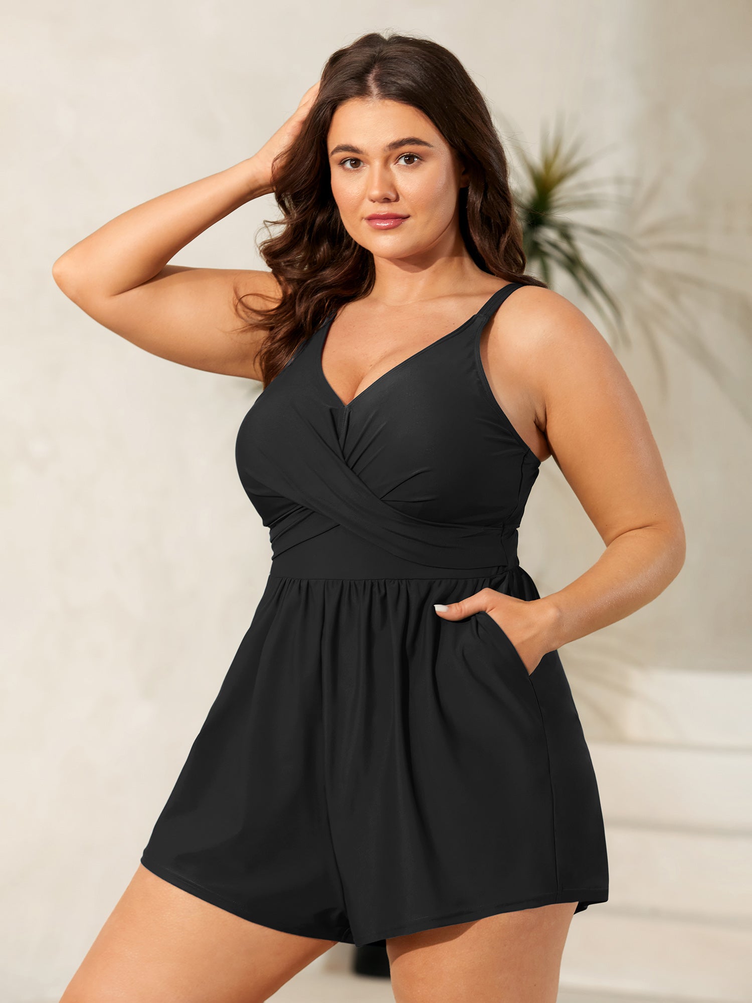 Twist Front Pockets Swim Romper