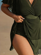 Sheer Ruffled Sleeve Layered Swim Dress