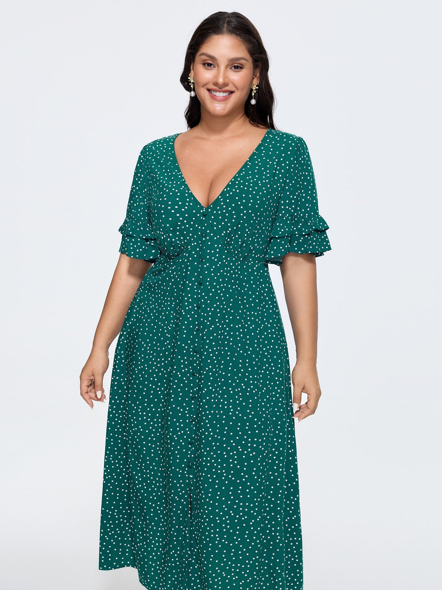 Polka Dot Print Pockets Flowy Midi Dress