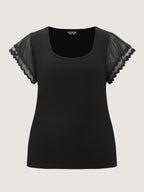 Sheer Ruffled Sleeve Square Neck Knit Top