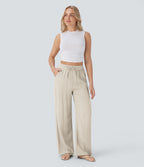 2026🔥 High Waisted Drawstring Pocket Wide Leg Casual Linen-Feel Pants