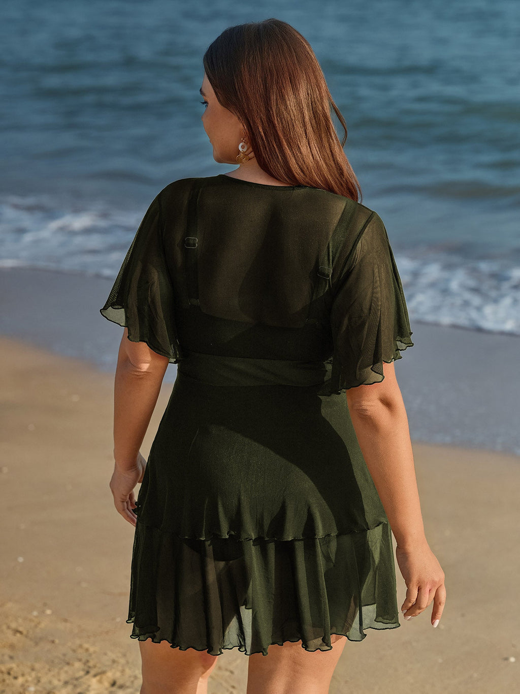 Sheer Ruffled Sleeve Layered Swim Dress