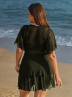 Sheer Ruffled Sleeve Layered Swim Dress