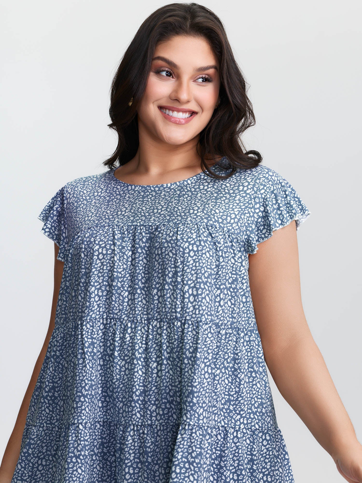 Leopard Print Tiered Flutter Sleeve Knit Top