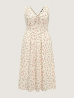 Sweet Floral Print Cinched-Waist Midi Dress