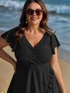 Ruffled Sleeve Curvy Hem Swim Dress