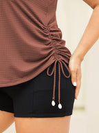 Textured Side Drawstrings U-Neck Swim Top