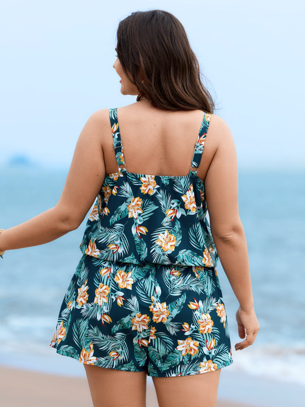 Tropical Flower Print Pockets One-Piece Swimsuit