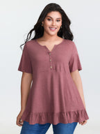 Supersoft Stretchy Ruffled Hemline Button T-Shirt