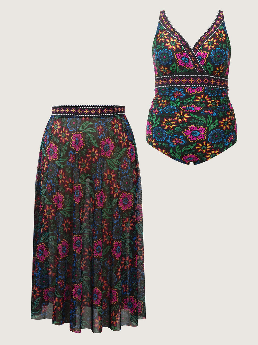Two-Piece Sarong Floral Print One-Piece Swimsuit