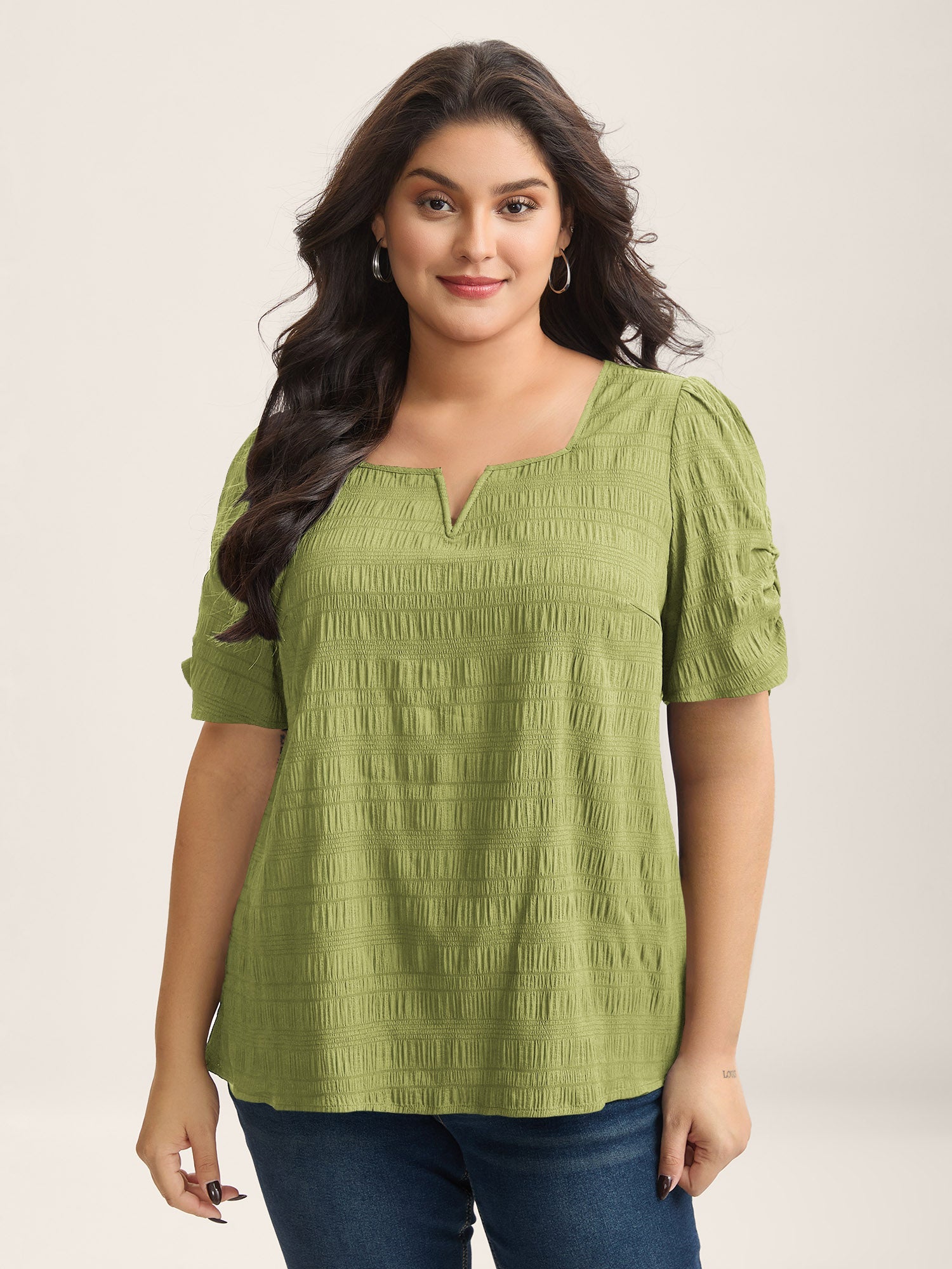Textured Gathered Sleeve Split Neck Blouse