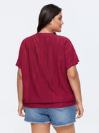 Eyelet Trim Stretchy Textured Plain Top