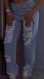 Women Hot Diamond Scratch Mark Hollow Casual Jeans