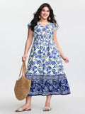 Floral Print Ruffled Sleeve Embroidered Midi Dress
