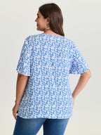 Floral Ruffle Sleeve Gathered Round Neck Blouse