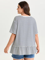 Striped Print Ruffled Hem Long T-Shirt