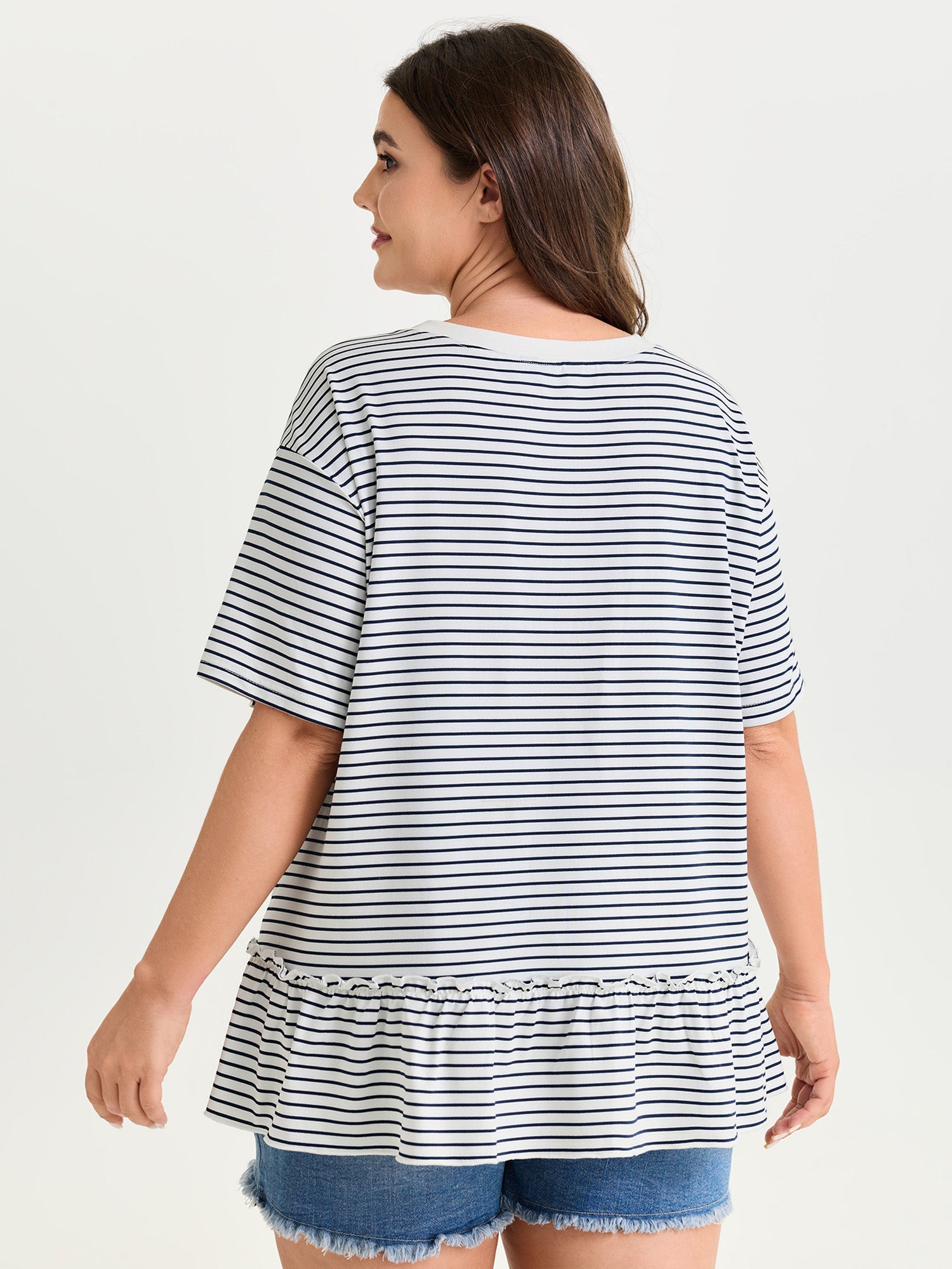 Striped Print Ruffled Hem Long T-Shirt
