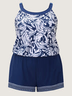 Geometric Print Spliced Pockets Swim Romper
