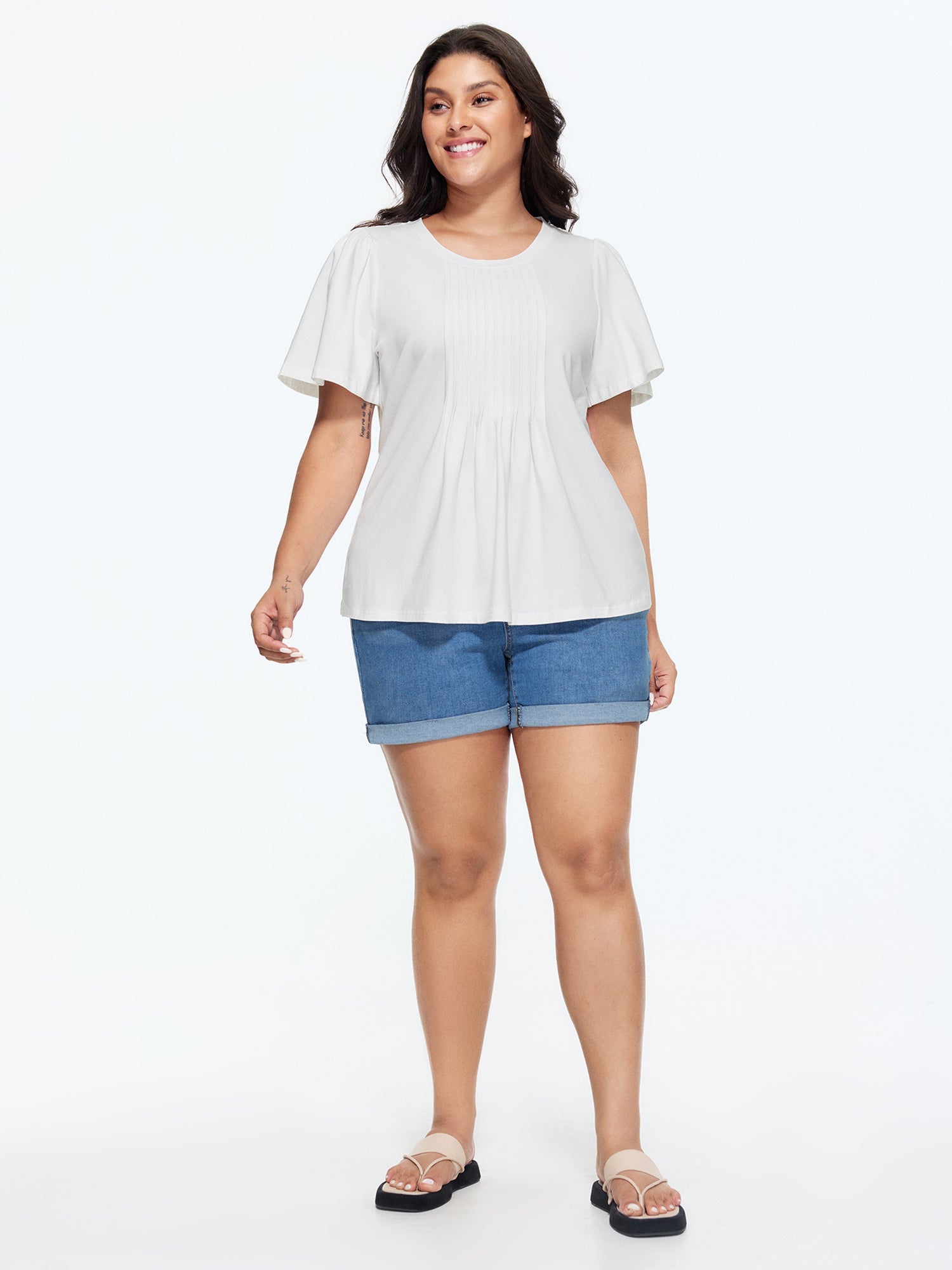 Cotton Toothpick Pleated Plain Flared Sleeve T-Shirt