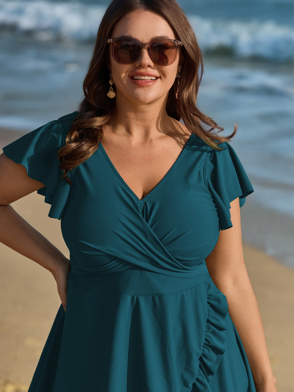 Ruffled Sleeve Curvy Hem Swim Dress