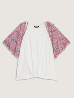 Cotton Floral Print Color Contrast Flared Sleeve T-Shirt