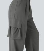 High Waisted Adjustable Drawstring Hem Linen-Feel Casual Cargo Pants with Pockets