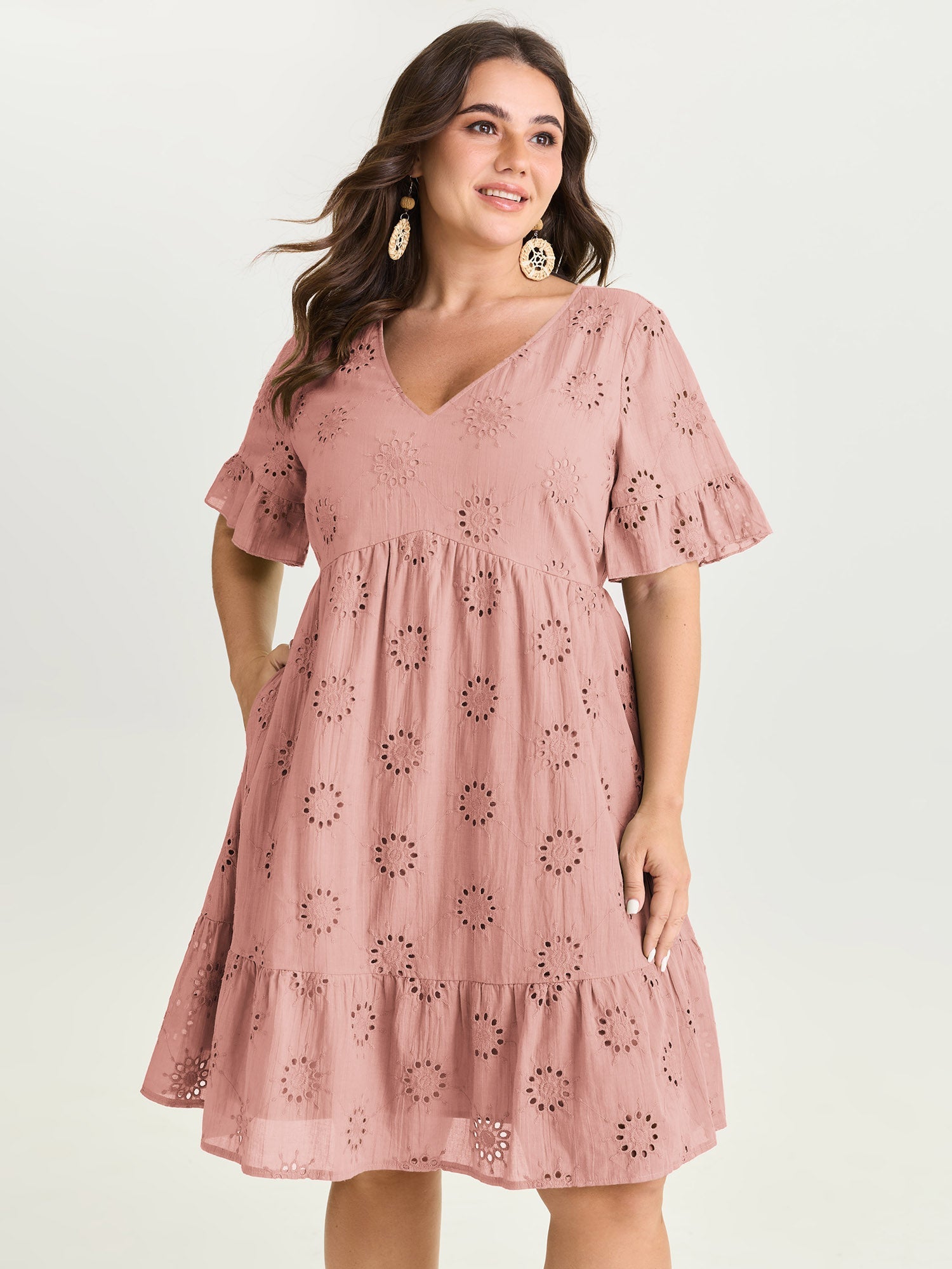 Eyelet Embroidered Ruffled Sleeve Mini Dress