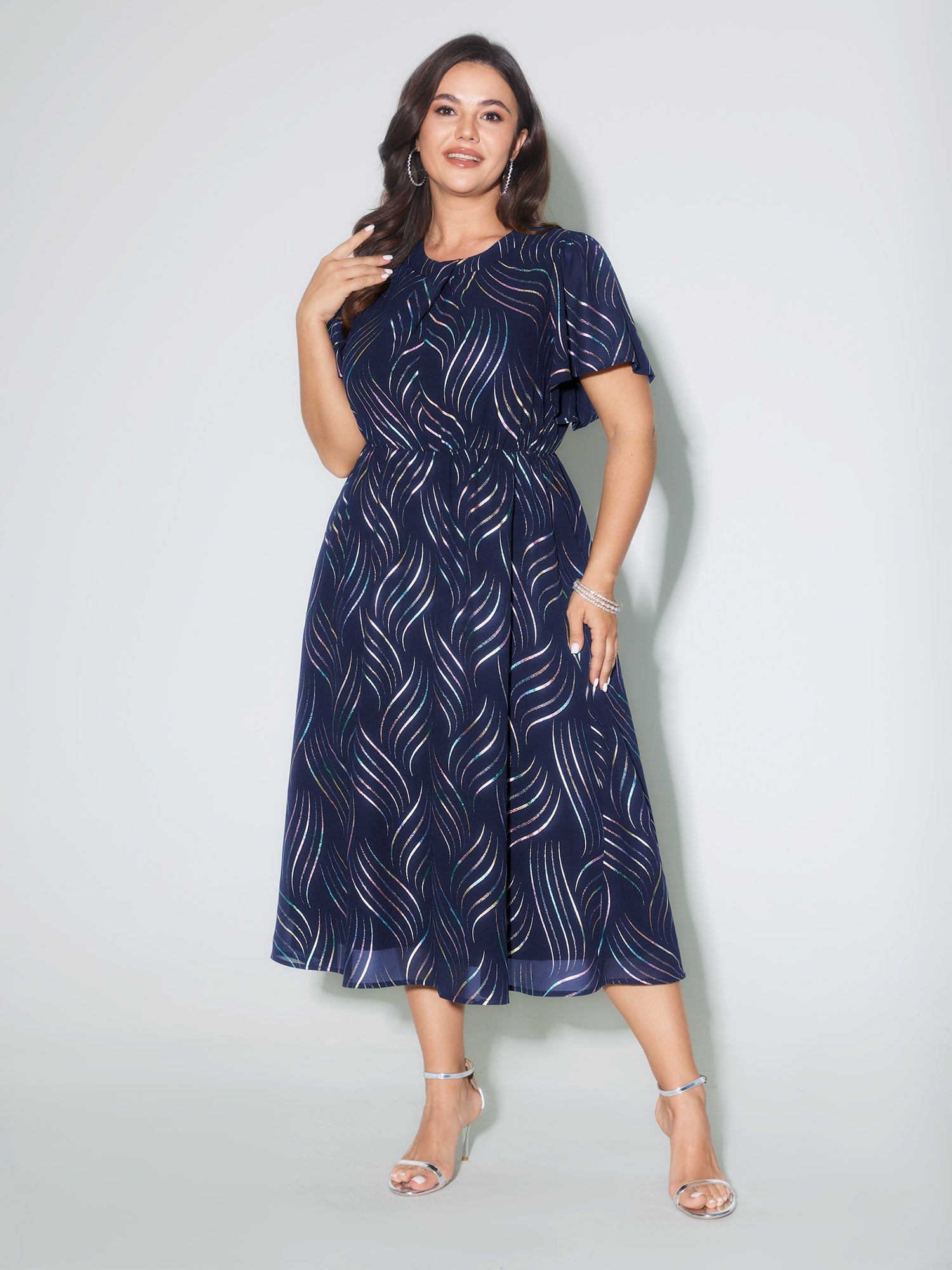 Abstract Print Twisted Neckline Midi Dress