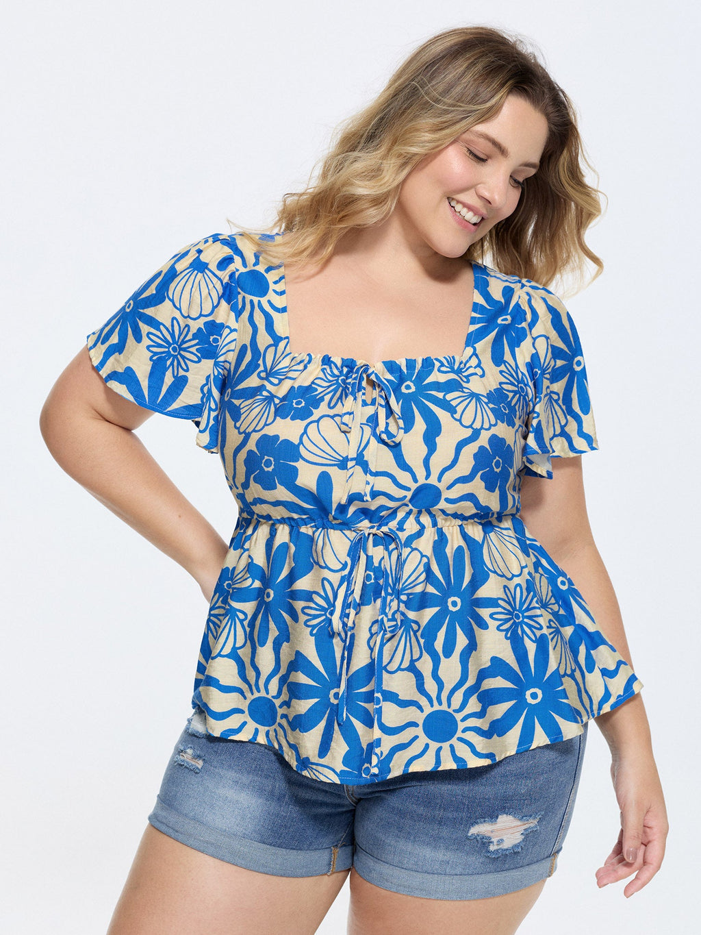 Floral Print Square Neckline Fitted Blouse