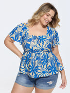 Floral Print Square Neckline Fitted Blouse