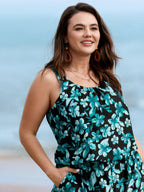 Tropical Flower Print Pockets One-Piece Swimsuit