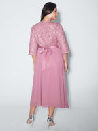 Sequin Floral Tulle Shirred Waist Midi Dress